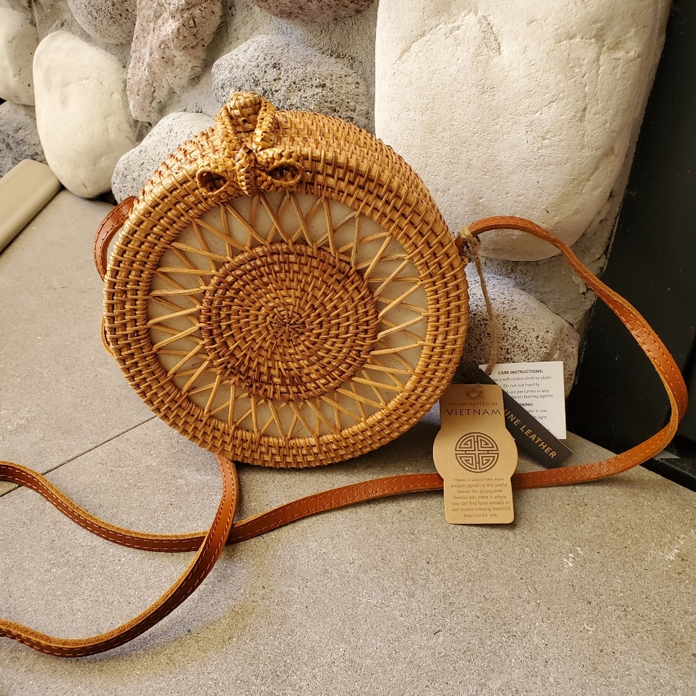 Hand-woven Round Rattan Bag (NWT) with leather strap